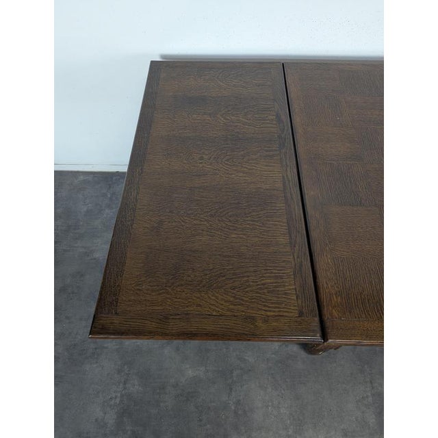Rustic Art Deco Extendable Oak Table with Checkerboard Top in the style of Charles Dudouyt, 1930s For Sale - Image 3 of 12