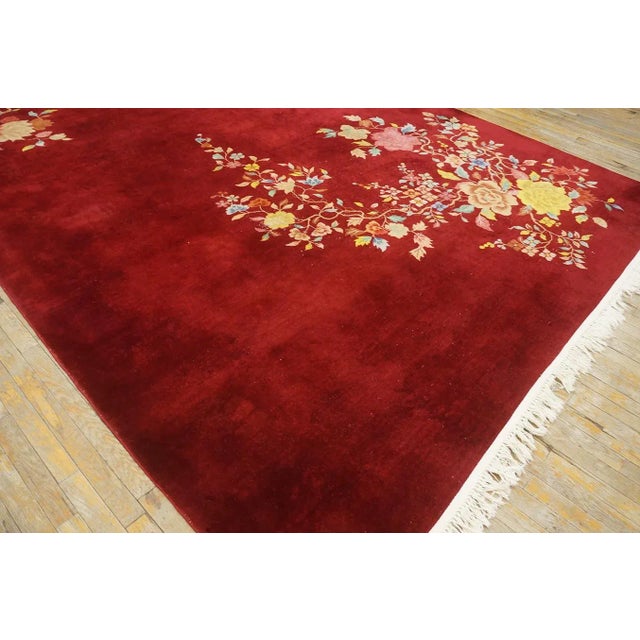 1920s 1930s Ruby Red Modern Floral Antique Chinese Art Deco Carpet 8'10" X 11'8" Knotted Wool Rug For Sale - Image 5 of 9