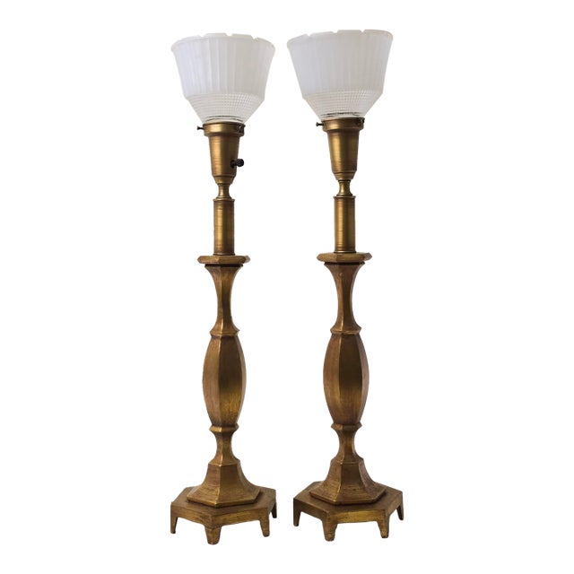 Pair of Vintage Rembrandt Brass Table Torchiere Lamps With Original Glass Diffusers For Sale