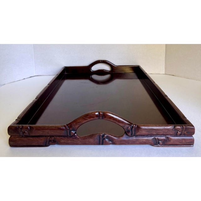 1930s 1930's Chinese Carved Rosewood Faux Bamboo Handled Tray For Sale - Image 5 of 12