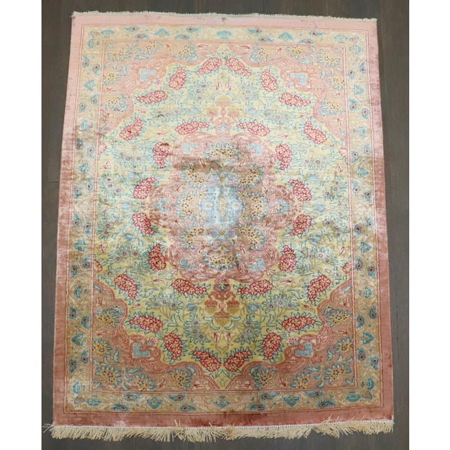 Green Zabihi Collection Botanical Silk Persian Qum Mini Rug For Sale - Image 8 of 9