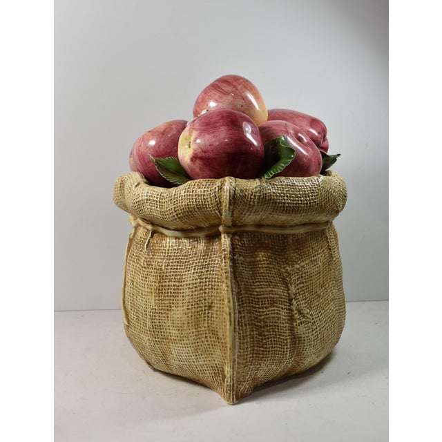 Late 20th Century Gumps Porcelain Apples in Burlap Bag Sack Large Centerpiece Display Italian Pottery For Sale In Philadelphia - Image 6 of 11