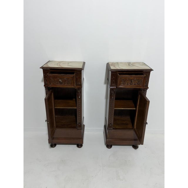 1940s Sicilian Hand-Carved Bedside Tables with Marble Tops, 1940, Set of 2 For Sale - Image 5 of 18
