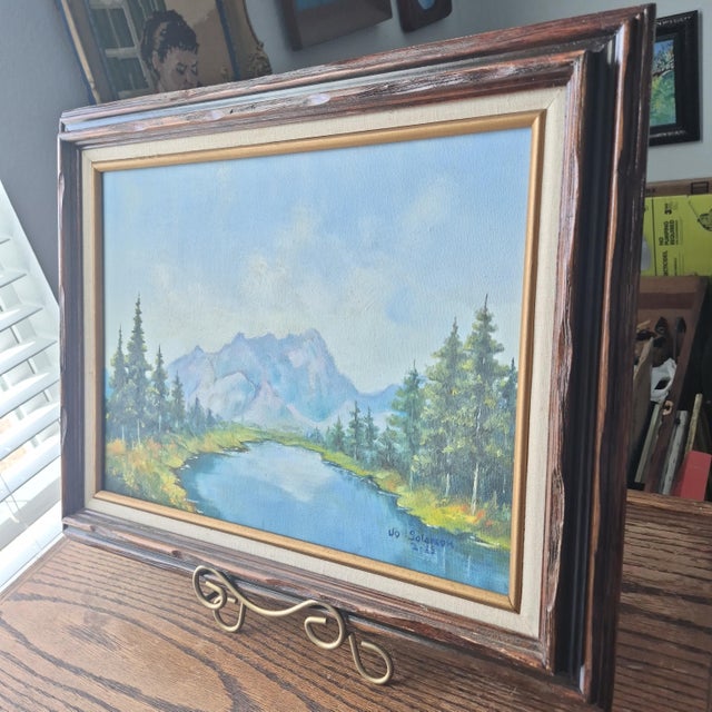 VTG 85' Mountain Lake Landscape Painting on Canvas Signed Original 12x16" Framed For Sale - Image 4 of 16