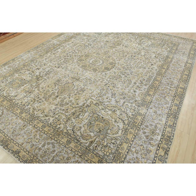 Farmhouse Tabriz Rug 10’1” X 12’9” Ivory Wool Vintage Distressed Hand-Knotted Carpet For Sale - Image 3 of 15