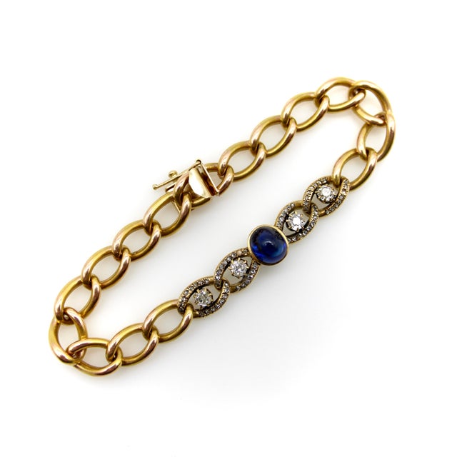 Late 19th Century Victorian 14k Gold Curb Link Bracelet With No-Heat Sugarloaf Sapphire and Old Mine Cut Diamonds For Sale - Image 4 of 10