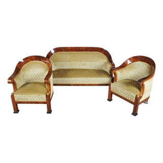 Empire Upholstered and Inlaid Walnut Living Room Set, Austria, 1810s, Set of 3 For Sale