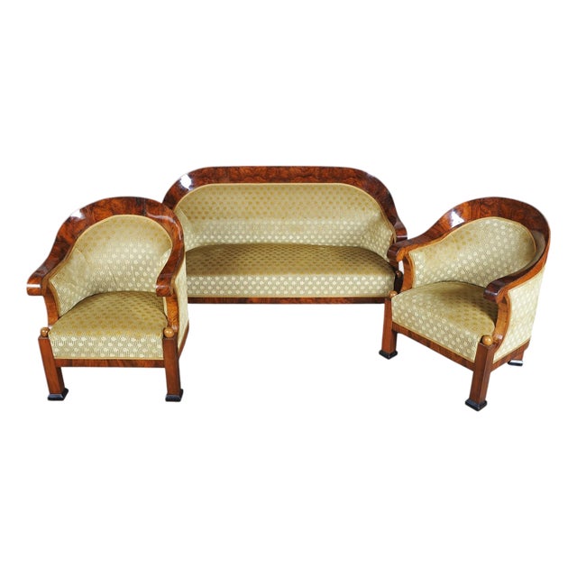 Empire Upholstered and Inlaid Walnut Living Room Set, Austria, 1810s, Set of 3 For Sale