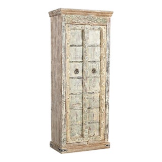 Tall Distressed White Antique Door Upcycled Solid Wood Armoire For Sale
