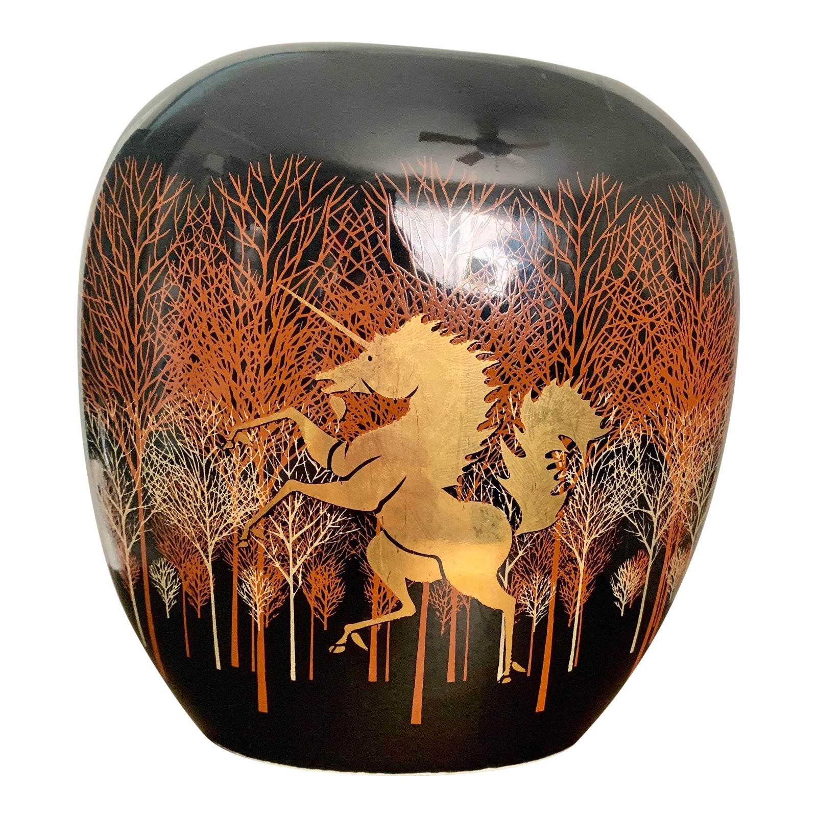 Vintage Asian Mid Century Black Gilt Unicorn Vase by Otagiri Japan