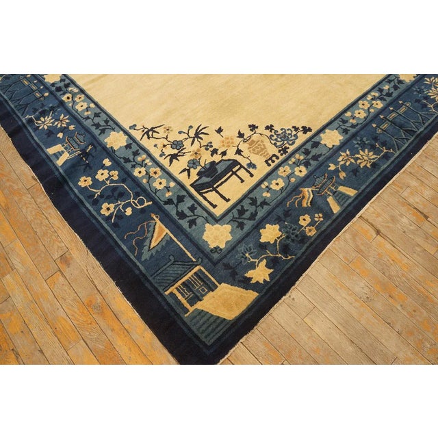 Beige 1920s Beige Minimalist Open Field Antique Chinese Peking Carpet 8' X 9'6'' Knotted Wool Rug For Sale - Image 8 of 9