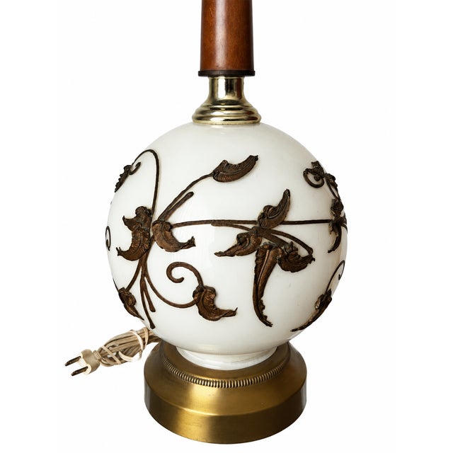1970s Vintage Ivory Globe Table Lamp With Raised Botanical Vines and Tall Gathered Shade For Sale - Image 5 of 12