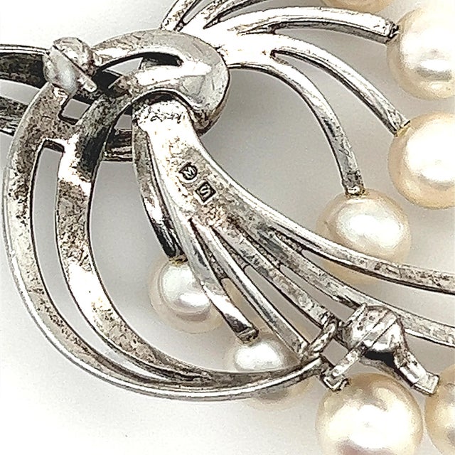 1990s Mikimoto Estate Akoya Pearl Brooch Sterling Silver For Sale - Image 4 of 12