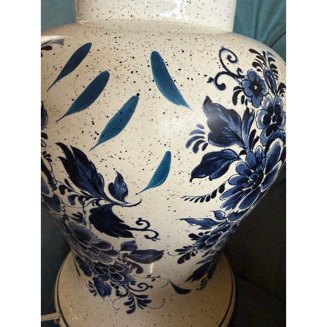 Ink Blue Vintage Pottery Blue Floral Hand Painted Lamp Delft Style For Sale - Image 8 of 12