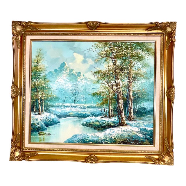 1982 Vintage Impressionist Original Oil Painting, Snowy Winter Creek Landscape, Framed. For Sale