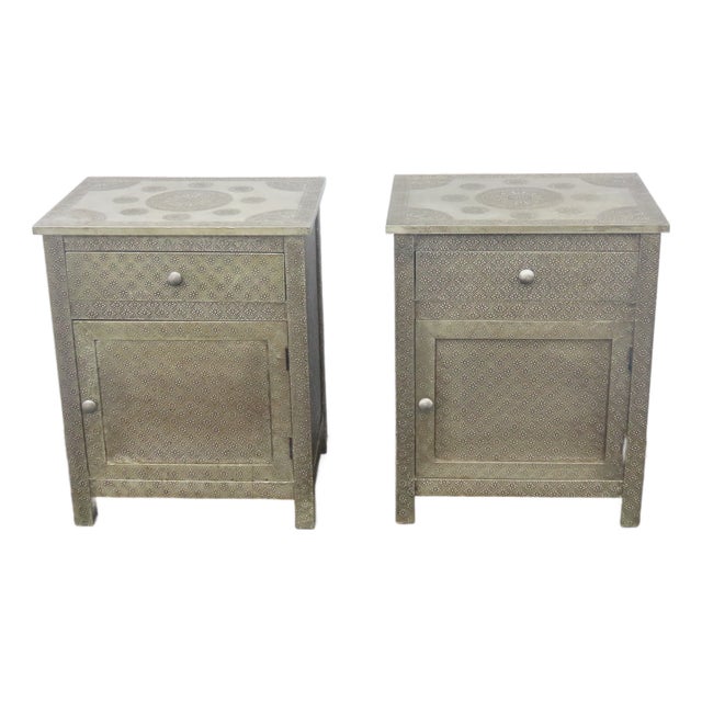 Embossed Metal Overlay End Tables Nightstands a Pair 6674 For Sale