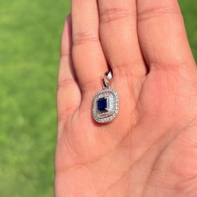 Radiant Emerald-Cut Deep Blue Sapphire & Diamond Halo Pendant in 14k Gold For Sale In New York - Image 6 of 14