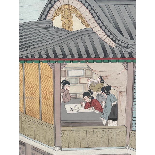 Wood Grand-Scale Chinese Hand-Painted 6 Panel Folding Screen Room of Waterfront Village For Sale - Image 7 of 11