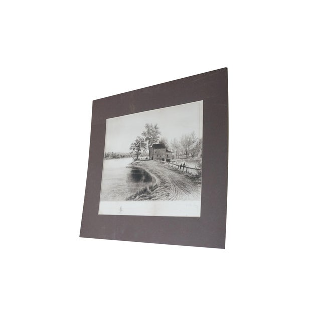 Late 19th century black and white etching by William de la Montagne Cary. Landscape scene featuring an old mill with a...