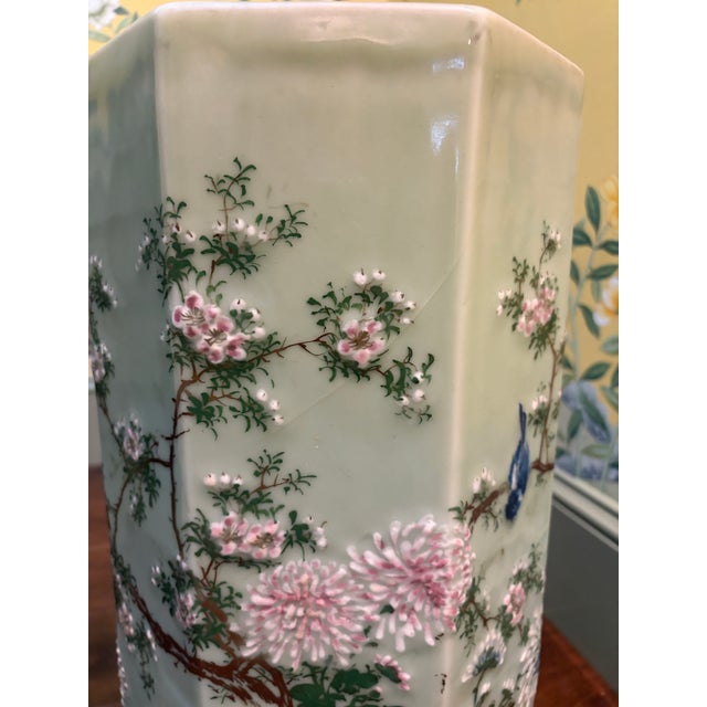 Late 19th Century Japanese Porcelain Celadon Hexagonal Umbrella Stand With Birds and Flowers For Sale - Image 9 of 12