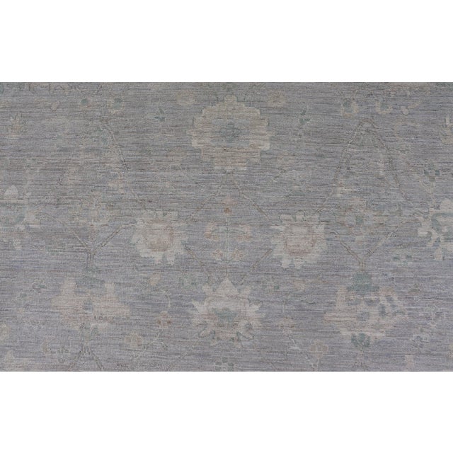 Light Gray Modern Oushak With Floral Motifs With Cream, Grey, Blue, and Powder Blue For Sale - Image 8 of 12