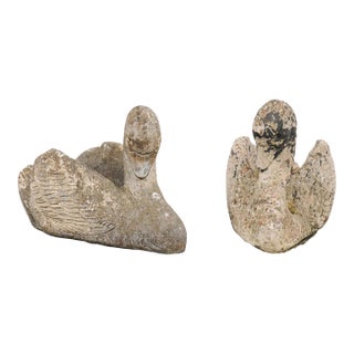 Vintage Pair of Stone Swan Planters From England For Sale