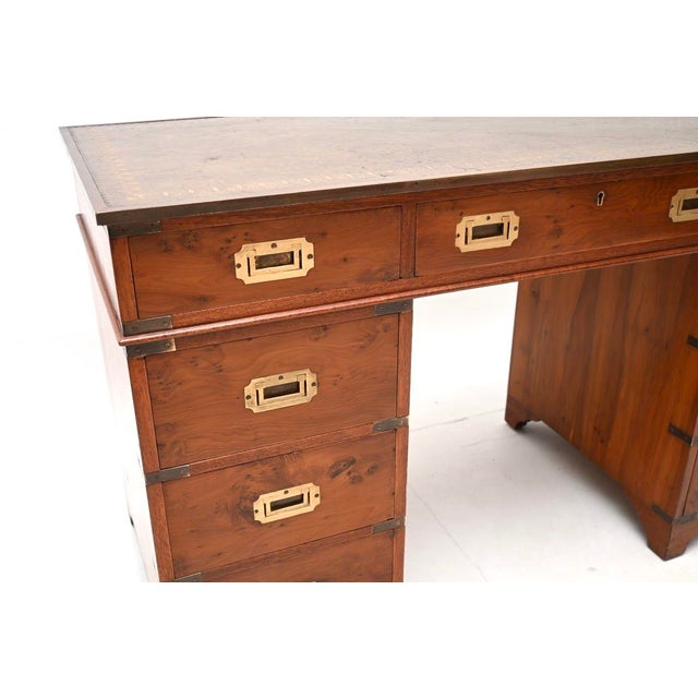 Brown Antique Yew Wood Military Campaign Style Pedestal Desk, 1950 For Sale - Image 8 of 9