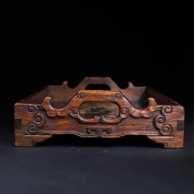 Late 20th Century Vintage Hardwood Tray With Mother-of-Pearl Bird and Floral Inlay For Sale - Image 5 of 9