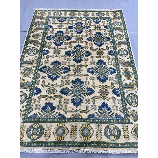 Cream and Blue Chobi Wool Rug, 3'10" X 5'4" For Sale - Image 4 of 13