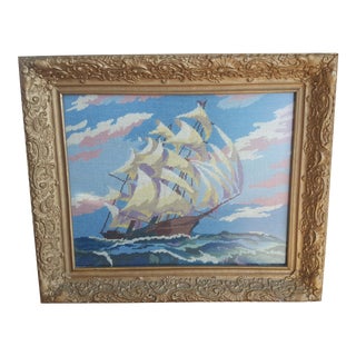 Mid Century Nautical Ship Boat Seascape Oceanic Needlepoint Framed For Sale
