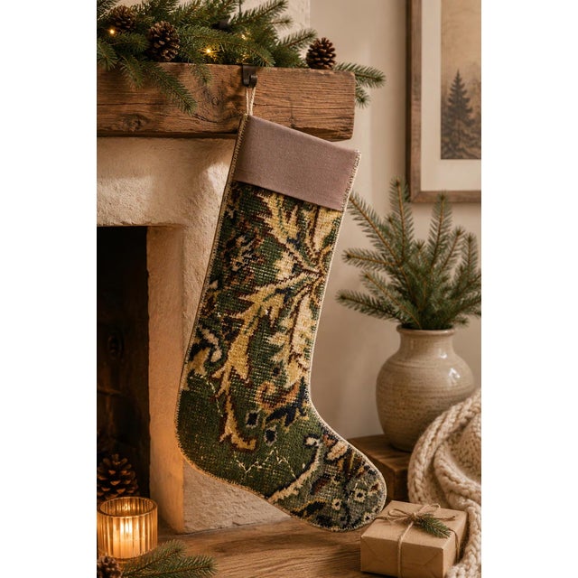 Vintage Kilim Christmas Stocking With Mauve Fabric Cuff, Olive Leaf Wool, 12.6 X 18.5 in – One of a Kind Decor For Sale - Image 6 of 9