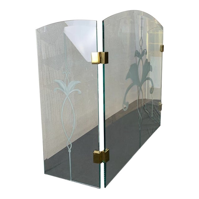 Fireplace Screen with Three Panel Floral Etched Glass and Brass Hinges Gorgeous Fireplace Screen in Great Vintage...