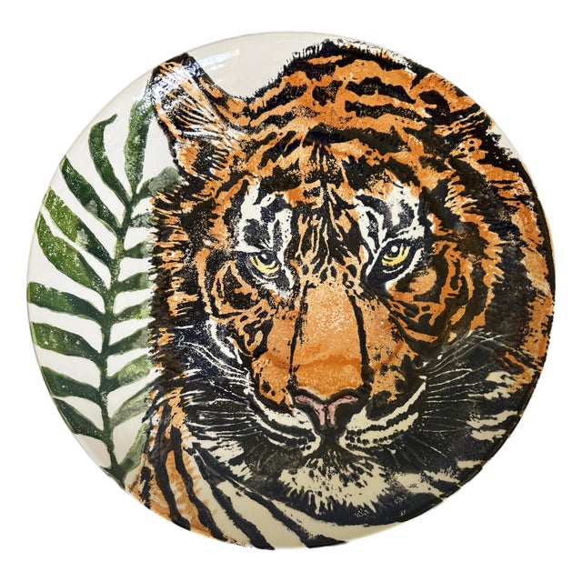 Vietri "Into the Jungle" Tiger Hand-Painted Italian Shallow Serving Display Bowl For Sale