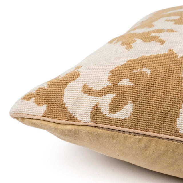 Embroidered Griffon Lion Decorative Pillow – Oatmeal & Khaki Velvet Back For Sale - Image 10 of 10