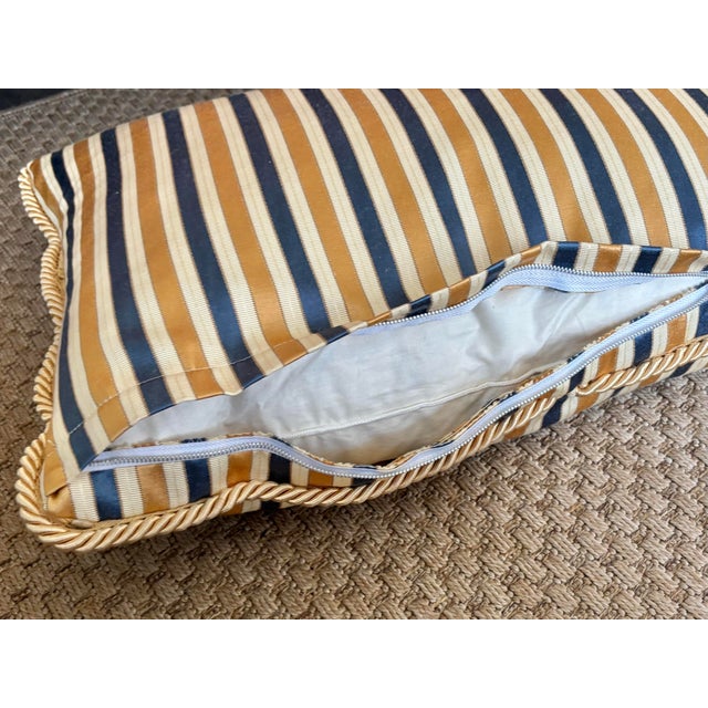 Striped Blue and Gold Down-Filled Lumbar Pillow With Cord Edge For Sale - Image 6 of 8