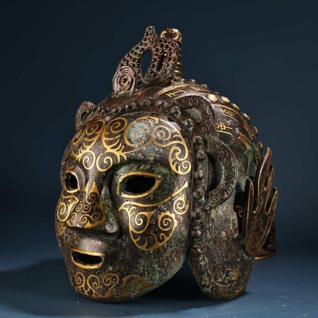 Metal Ancient Chinese Bronze Helmet With Gold Inlay Mask – Intricate Gilded Face Armor Sculpture For Sale - Image 7 of 10
