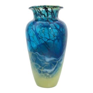 Tim Chilina Hand Blown Molten Blue Green Swirl Studio Art Glass Vase 15" For Sale