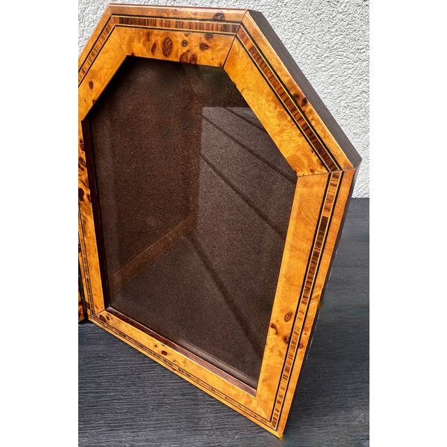 Art Deco Vintage Burl Wood and Marquetry Inlay Double Picture Photo Desk Frame Diptych For Sale - Image 3 of 5