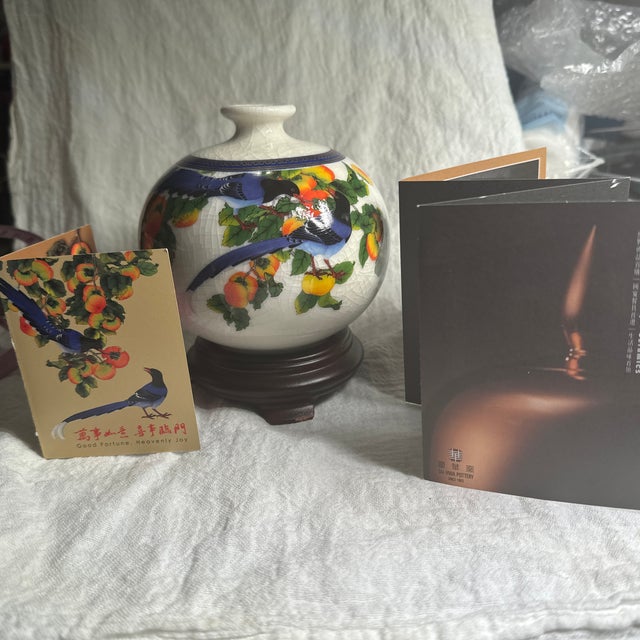 1980s Tai-Hwa Pottery Bottle Blue Magpie Good Fortune Heavenly Joy For Sale - Image 11 of 12