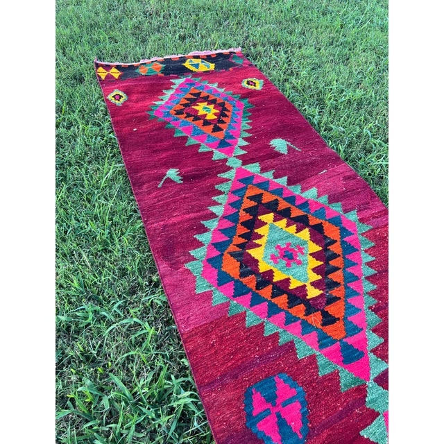 1950s Ruby Red Color Diamond Pattern Flatweave Kilim Rug For Sale In Houston - Image 6 of 8