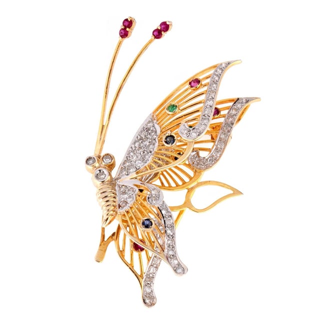1990s 14k Yellow Gold Entremblant Butterfly Brooch With Diamonds & Gemstone Accents For Sale In New York - Image 6 of 6
