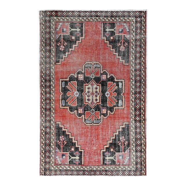 1960 3'10"x6' Coral Red Vintage Persian Heriz Hand Knotted Worn Down Pure Wool Rug For Sale