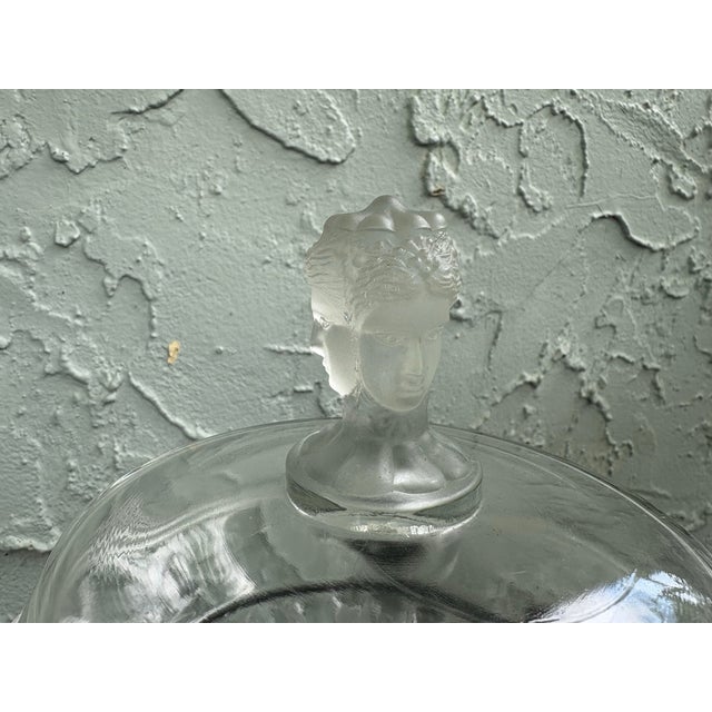 Vintage Duncan Miller Frosted Figural Faces Covered Compote Dish / Art Deco Satin Glass Candy Bowl For Sale - Image 4 of 9