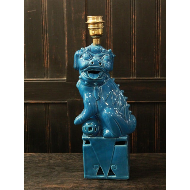 Vintage Turquoise Ceramic Foo Dog Table Lamp, 1960s For Sale - Image 9 of 9