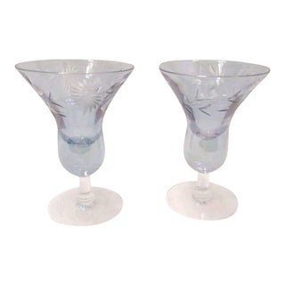 1960s Mid Century Modern Murano Etched Cocktail Cordial Glasses 5" Blue Barware Hand Blown Floral - a Pair For Sale