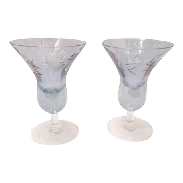 1960s Mid Century Modern Murano Etched Cocktail Cordial Glasses 5" Blue Barware Hand Blown Floral - a Pair For Sale