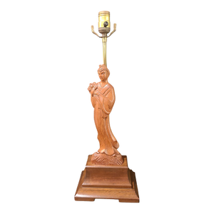 Vintage Hollywood Regency Asian Japanese Geisha Figural Carved Wood Table Lamp Heifetz Signed