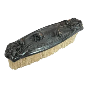 1904 Antique Vanity Valet Brush Silver Plate Repouseé Floral Motif Horse Hair Bristles