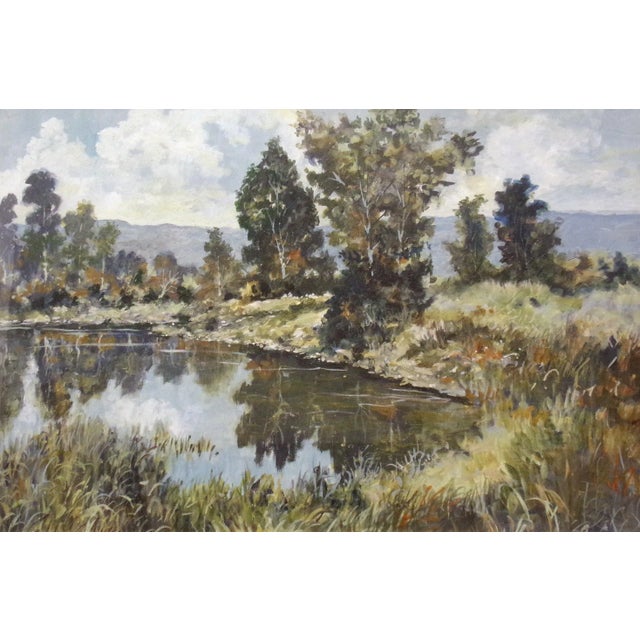 Realism 1990s Summer Pond Landscape Scene Gouache Painting, Framed For Sale - Image 3 of 5