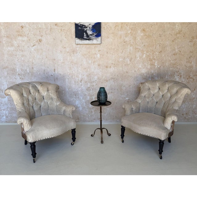 French Pair of Small Scale French Napoleon III Armchairs With Diamond Tufting For Sale - Image 3 of 12